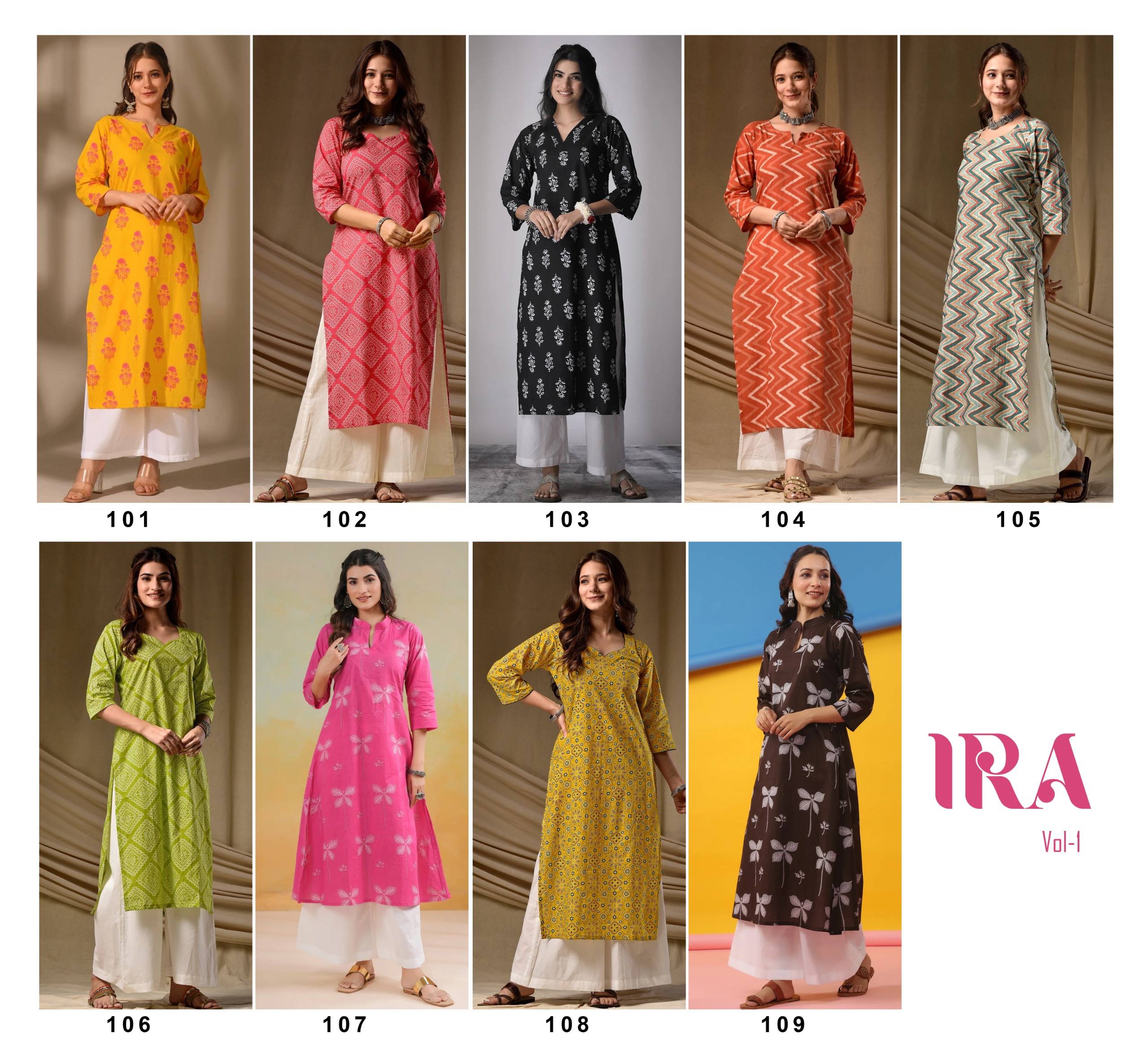 IRA Vol 1 By IRA fashion 101 To 109 Series Beautiful Festive Suits Colourful Cambric Cotton  Print Kurtis At Wholesale Price